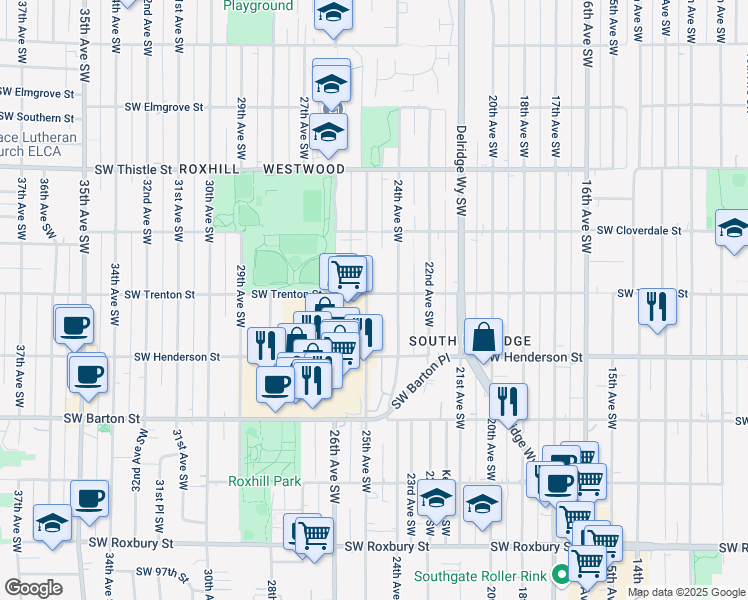 map of restaurants, bars, coffee shops, grocery stores, and more near 2421 Southwest Trenton Street in Seattle