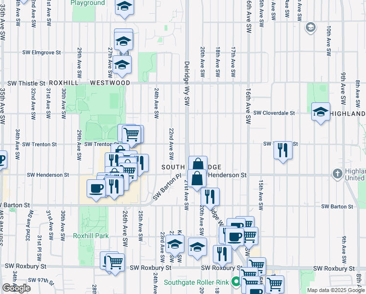 map of restaurants, bars, coffee shops, grocery stores, and more near 8801 Delridge Way Southwest in Seattle