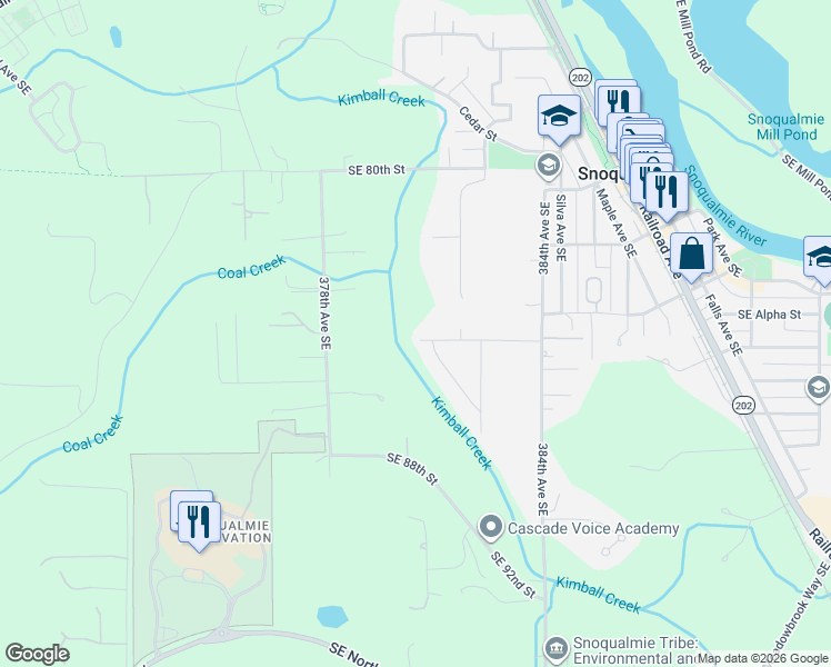 map of restaurants, bars, coffee shops, grocery stores, and more near 38002 Southeast 85th Street in Snoqualmie