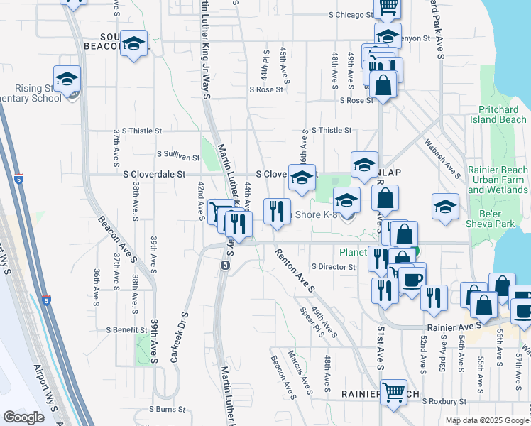 map of restaurants, bars, coffee shops, grocery stores, and more near 8655 Renton Avenue South in Seattle