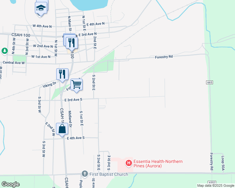 map of restaurants, bars, coffee shops, grocery stores, and more near 304 East 3rd Avenue South in Aurora
