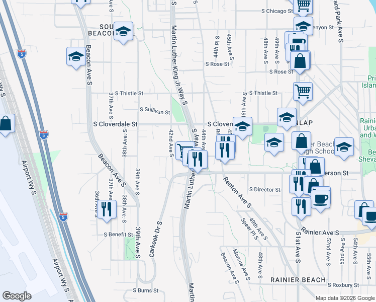map of restaurants, bars, coffee shops, grocery stores, and more near 4245 South Greenbelt Station Drive in Seattle