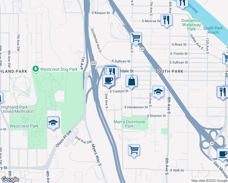 map of restaurants, bars, coffee shops, grocery stores, and more near 8801 3rd Avenue South in Seattle