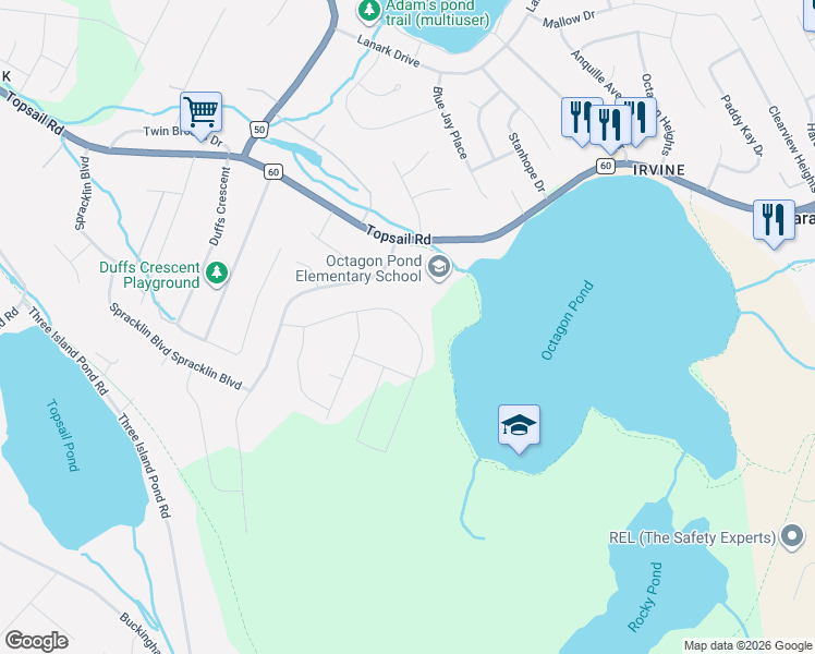 map of restaurants, bars, coffee shops, grocery stores, and more near Trenton Drive in Paradise