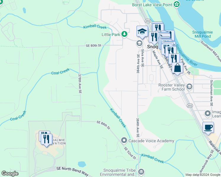map of restaurants, bars, coffee shops, grocery stores, and more near 38106 Southeast 85th Street in Snoqualmie