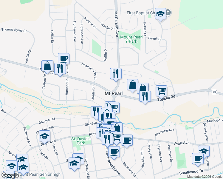 map of restaurants, bars, coffee shops, grocery stores, and more near 998 Topsail Road in Mount Pearl