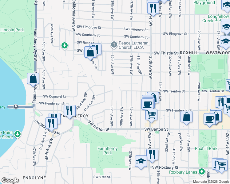 map of restaurants, bars, coffee shops, grocery stores, and more near 8800 39th Avenue Southwest in Seattle