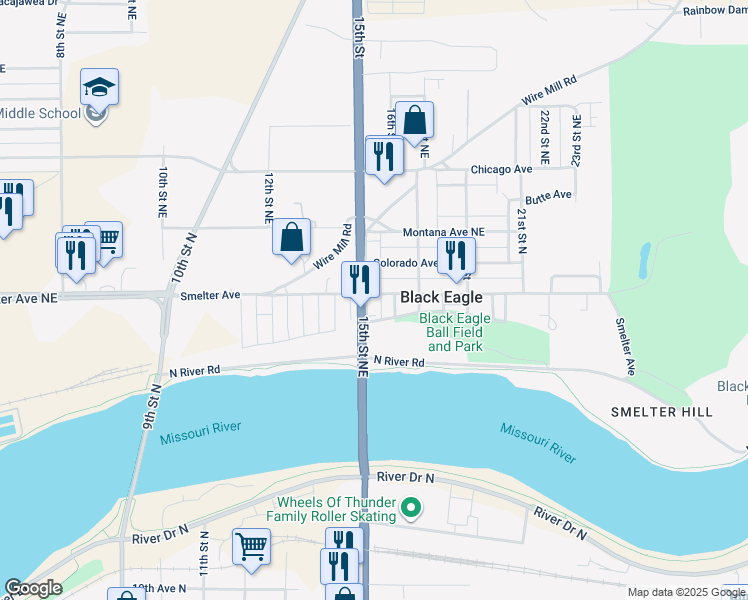 map of restaurants, bars, coffee shops, grocery stores, and more near 126 16th Street Northeast in Black Eagle