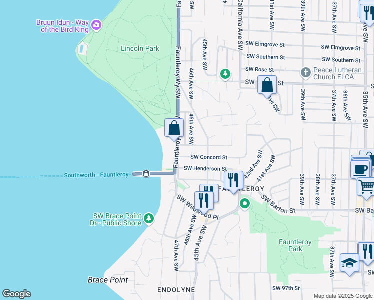 map of restaurants, bars, coffee shops, grocery stores, and more near 8808 Fauntleroy Way Southwest in Seattle