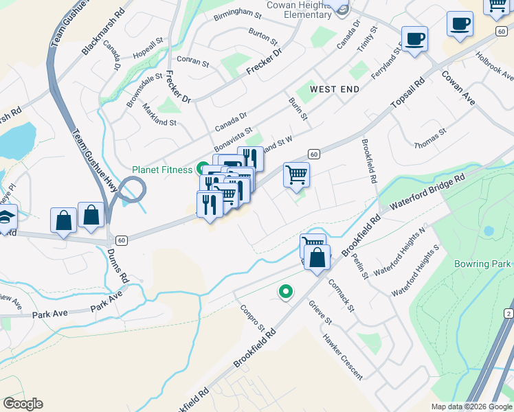 map of restaurants, bars, coffee shops, grocery stores, and more near 38 Devine Place in St. John's