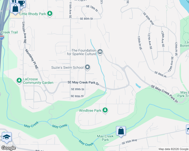 map of restaurants, bars, coffee shops, grocery stores, and more near 11831 Southeast 87th Street in Newcastle