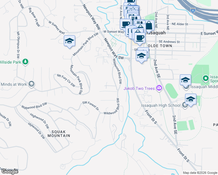 map of restaurants, bars, coffee shops, grocery stores, and more near 180 Southwest Gibson Lane in Issaquah