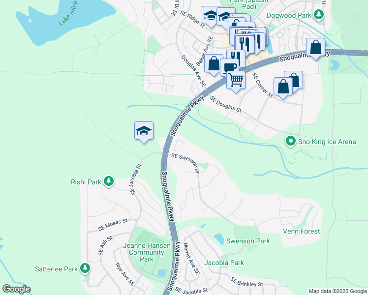 map of restaurants, bars, coffee shops, grocery stores, and more near 34626 Southeast Swenson Drive in Snoqualmie