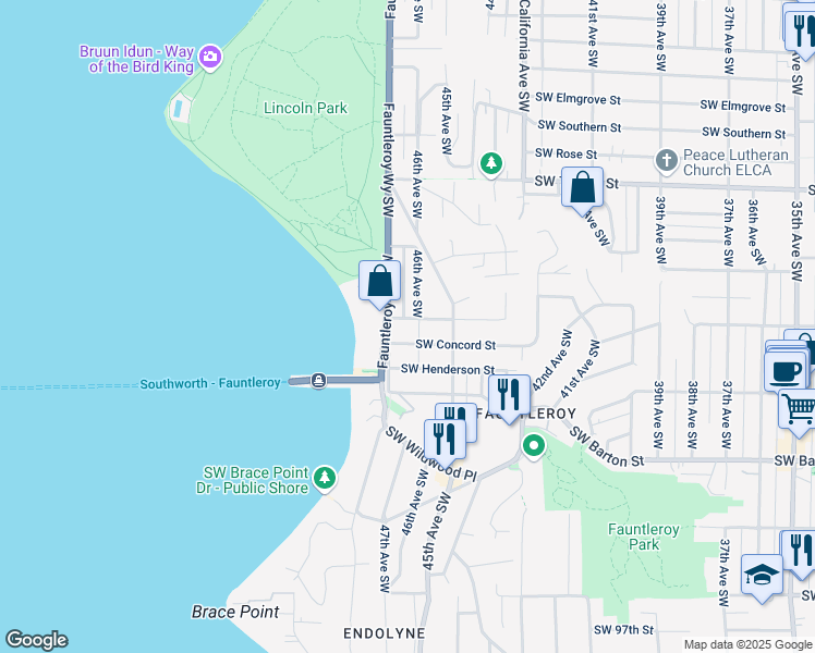 map of restaurants, bars, coffee shops, grocery stores, and more near 8808 Fauntleroy Way Southwest in Seattle