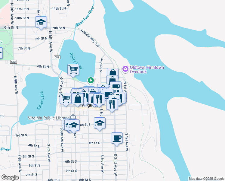 map of restaurants, bars, coffee shops, grocery stores, and more near 214 North State Highway 135 in Virginia