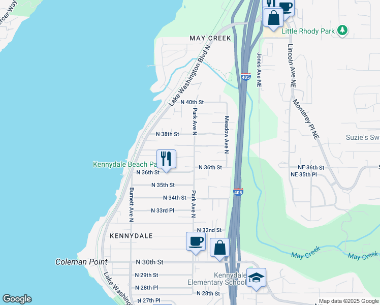 map of restaurants, bars, coffee shops, grocery stores, and more near 3701 Park Avenue North in Renton