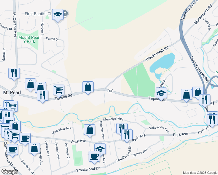 map of restaurants, bars, coffee shops, grocery stores, and more near 866 Topsail Road in Mount Pearl