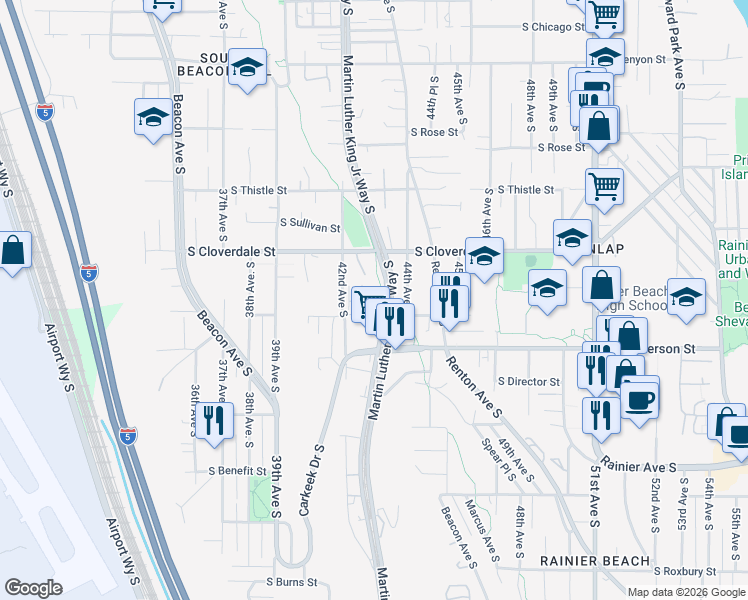 map of restaurants, bars, coffee shops, grocery stores, and more near 4245 South Greenbelt Station Drive in Seattle