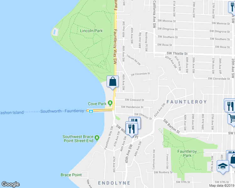 map of restaurants, bars, coffee shops, grocery stores, and more near 8808 Fauntleroy Way Southwest in Seattle