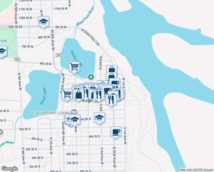 map of restaurants, bars, coffee shops, grocery stores, and more near 214 North State Highway 135 in Virginia