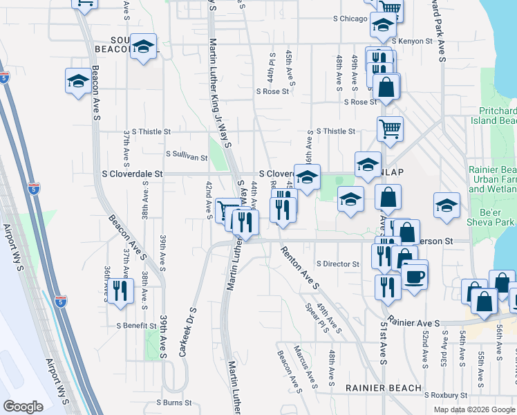 map of restaurants, bars, coffee shops, grocery stores, and more near 8653 44th Avenue South in Seattle