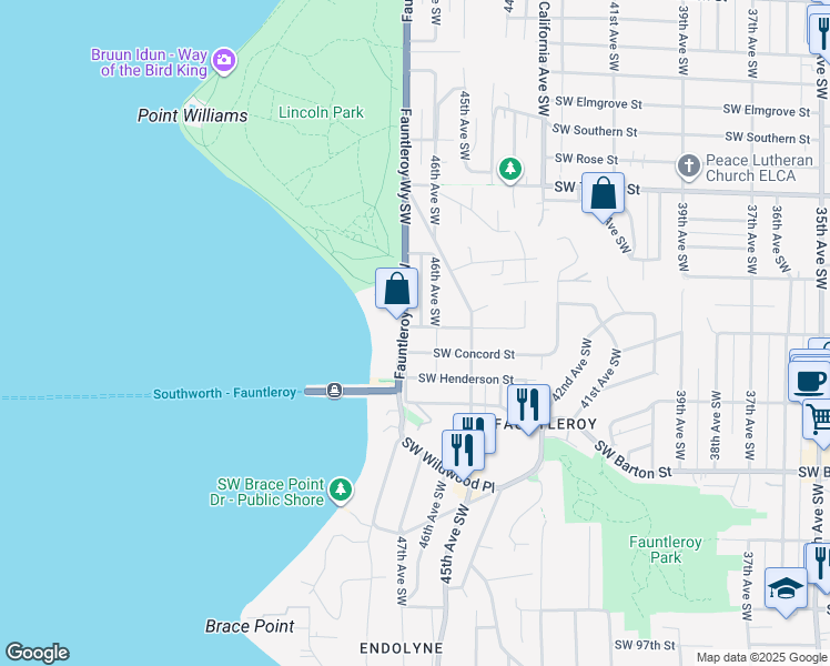 map of restaurants, bars, coffee shops, grocery stores, and more near 8802 Fauntleroy Way Southwest in Seattle