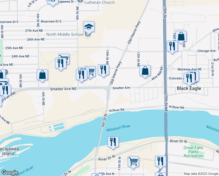 map of restaurants, bars, coffee shops, grocery stores, and more near 1223 Smelter Avenue Northeast in Black Eagle