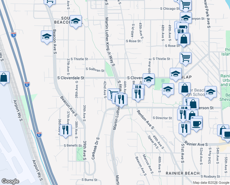 map of restaurants, bars, coffee shops, grocery stores, and more near 4245 South Greenbelt Station Drive in Seattle