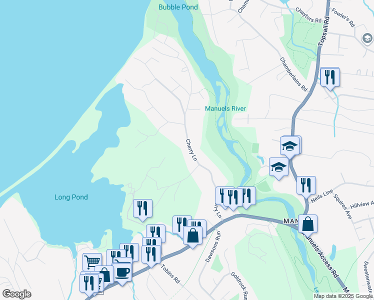 map of restaurants, bars, coffee shops, grocery stores, and more near 63 Cherry Lane in Conception Bay South