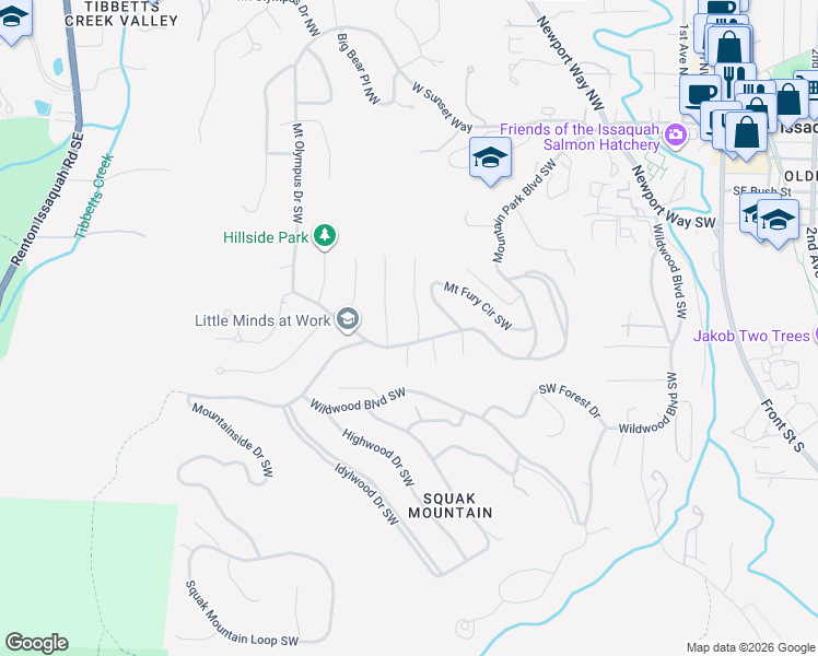 map of restaurants, bars, coffee shops, grocery stores, and more near 525 Mount Hood Drive Southwest in Issaquah