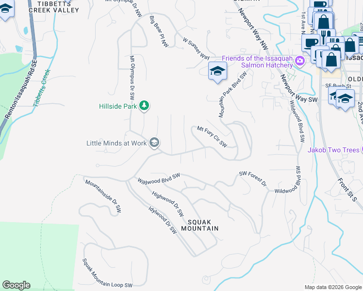 map of restaurants, bars, coffee shops, grocery stores, and more near 525 Mount Hood Drive Southwest in Issaquah