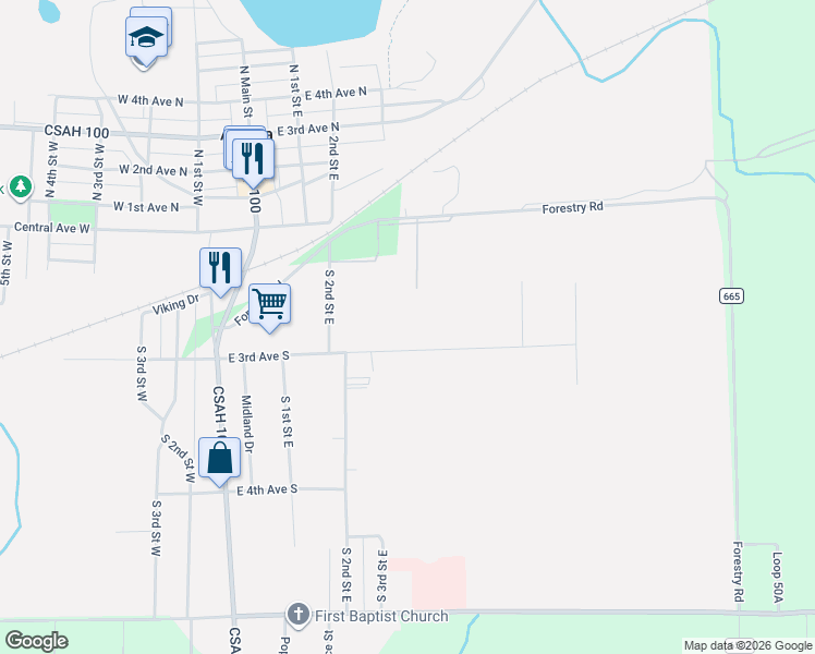 map of restaurants, bars, coffee shops, grocery stores, and more near 304 East 3rd Avenue South in Aurora