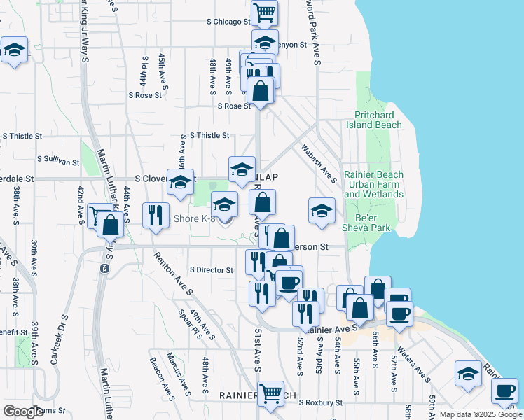 map of restaurants, bars, coffee shops, grocery stores, and more near 8708 Rainier Avenue South in Seattle