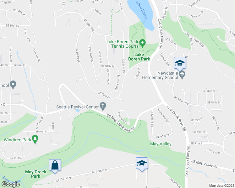 map of restaurants, bars, coffee shops, grocery stores, and more near 8531 129th Place Southeast in Newcastle