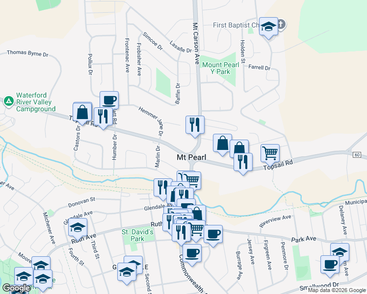 map of restaurants, bars, coffee shops, grocery stores, and more near 1000 Topsail Road in Mount Pearl