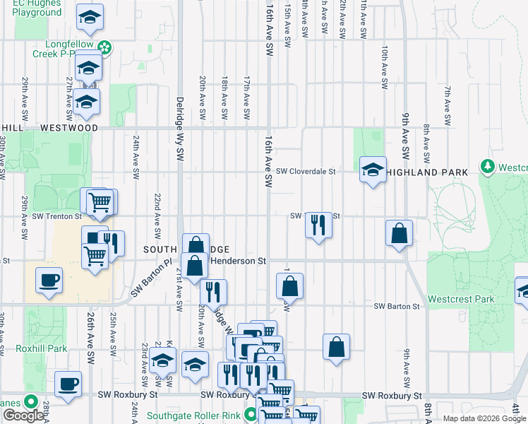 map of restaurants, bars, coffee shops, grocery stores, and more near 8806 16th Avenue Southwest in Seattle