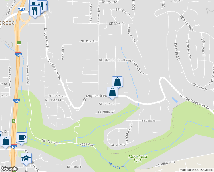 map of restaurants, bars, coffee shops, grocery stores, and more near 8602 117th Avenue Southeast in Newcastle