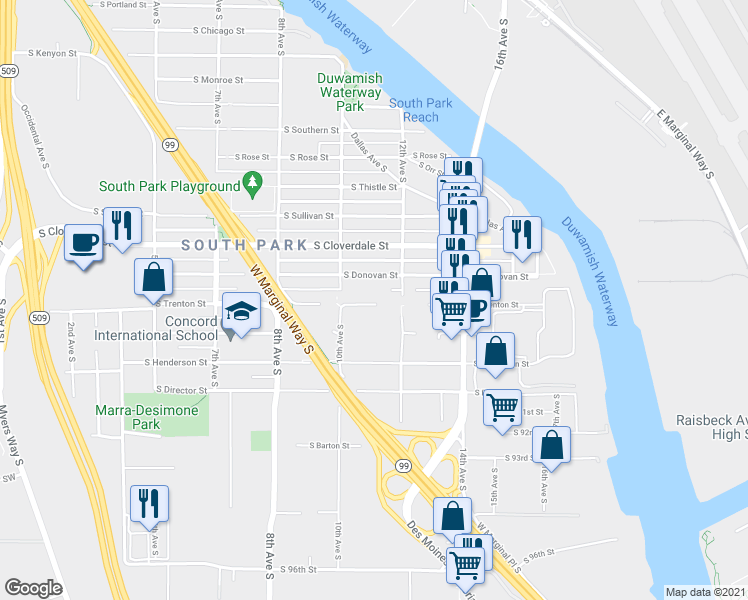 map of restaurants, bars, coffee shops, grocery stores, and more near 1030 South Trenton Street in Seattle