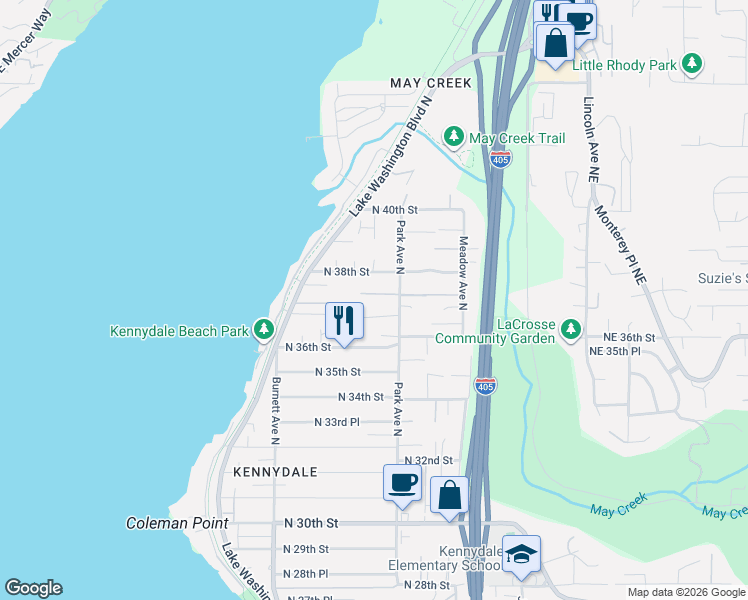 map of restaurants, bars, coffee shops, grocery stores, and more near 1108 North 37th Street in Renton