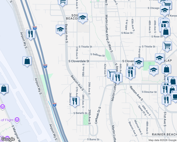 map of restaurants, bars, coffee shops, grocery stores, and more near 8656 38th Avenue South in Seattle