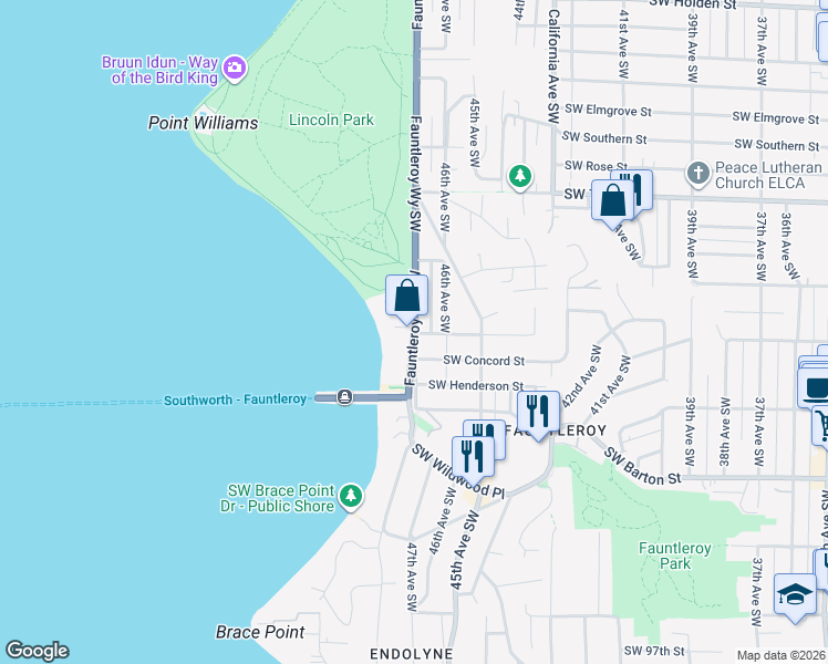 map of restaurants, bars, coffee shops, grocery stores, and more near 8808 Fauntleroy Way Southwest in Seattle