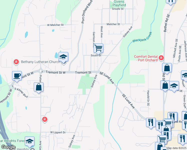 map of restaurants, bars, coffee shops, grocery stores, and more near 1611 Sidney Avenue in Port Orchard