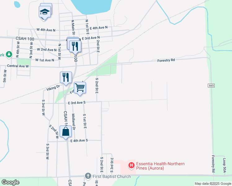 map of restaurants, bars, coffee shops, grocery stores, and more near 304 East 3rd Avenue South in Aurora