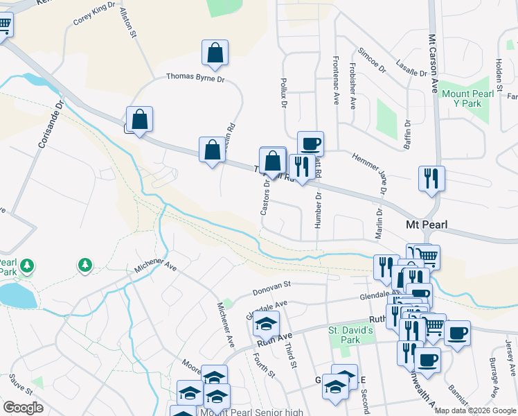 map of restaurants, bars, coffee shops, grocery stores, and more near 20 Castors Drive in Mount Pearl