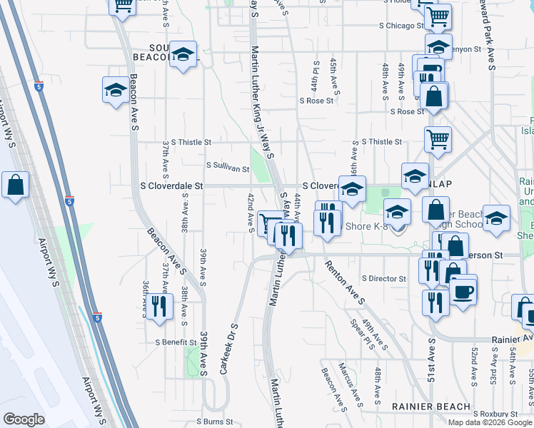 map of restaurants, bars, coffee shops, grocery stores, and more near 4246 South Greenbelt Station Drive in Seattle