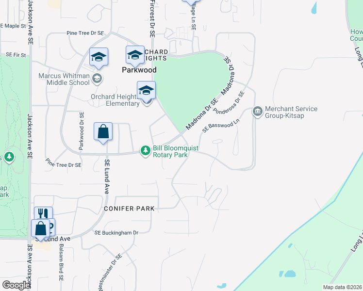 map of restaurants, bars, coffee shops, grocery stores, and more near 2613 Southeast Fircrest Place in Port Orchard