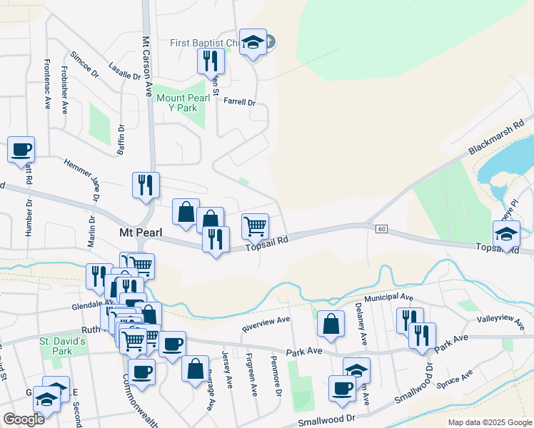 map of restaurants, bars, coffee shops, grocery stores, and more near 6 Seabright Place in Mount Pearl