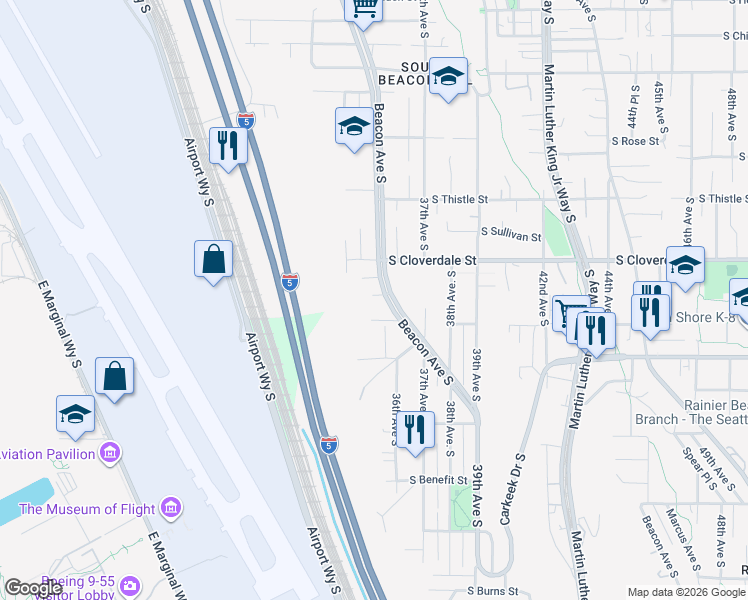 map of restaurants, bars, coffee shops, grocery stores, and more near 8647 Beacon Avenue South in Seattle