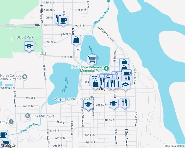 map of restaurants, bars, coffee shops, grocery stores, and more near 300 North 5th Avenue West in Virginia