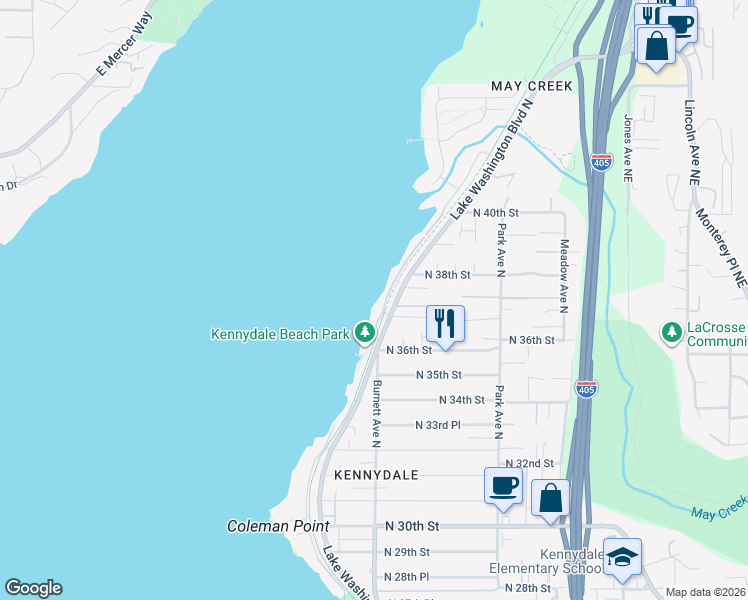map of restaurants, bars, coffee shops, grocery stores, and more near 906 North 37th Street in Renton